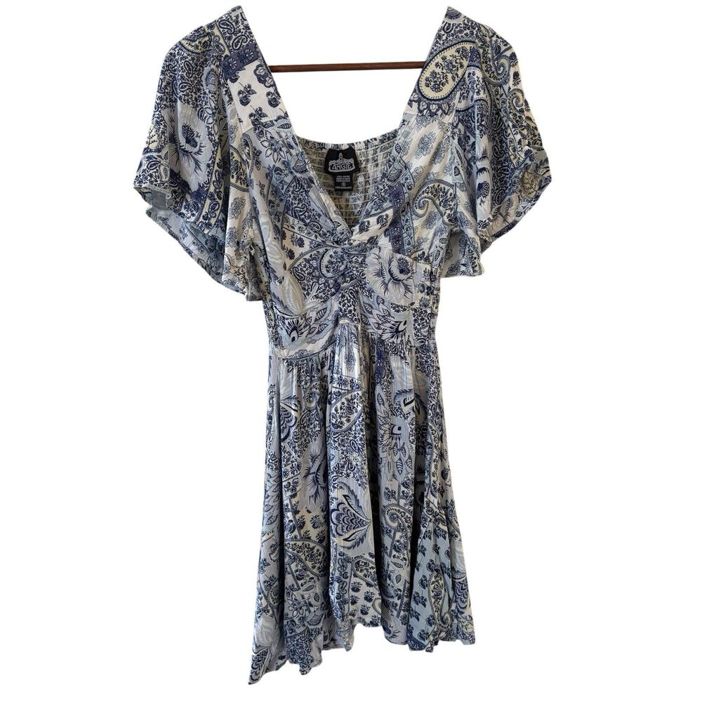 Y2K Milkmaid Babydoll Tiered Top Dress Blue S Floral Smocked Peasant Boho Dainty